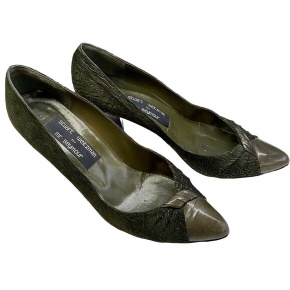 STUART WEITZMAN Heels Size 7 Green Felt Mr Seymour Kitten Career Office s-20 - Picture 1 of 10